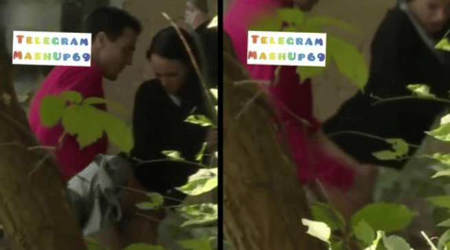 Pareja de novios fogosos grabados en pleno acto caliente en el parque